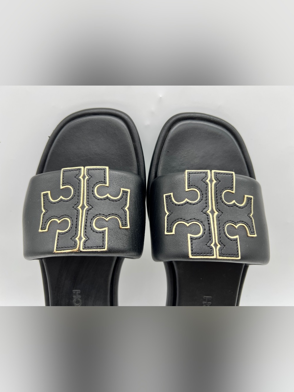 Tory Burch Double T Sport Slide Black Gold Leather Sandals Size 11 - Picture 4 of 15
